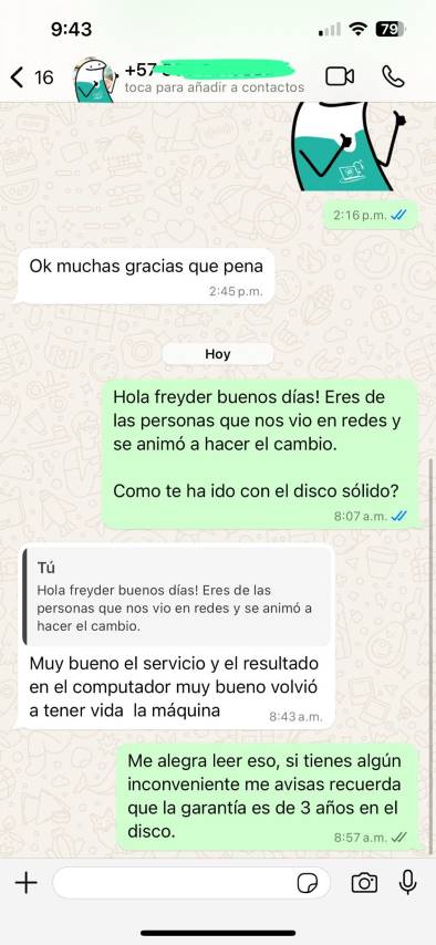 Testimonio de cliente de instalación de SSD en Cali